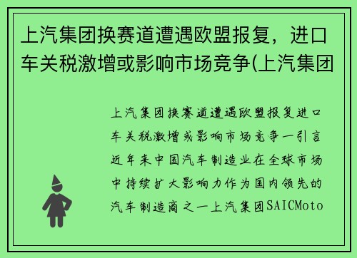 上汽集团换赛道遭遇欧盟报复，进口车关税激增或影响市场竞争(上汽集团海外投资)