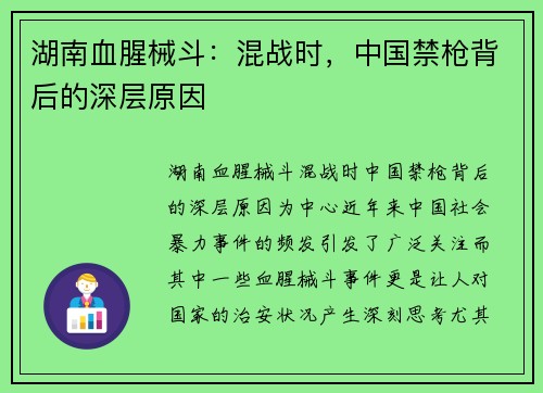 湖南血腥械斗：混战时，中国禁枪背后的深层原因