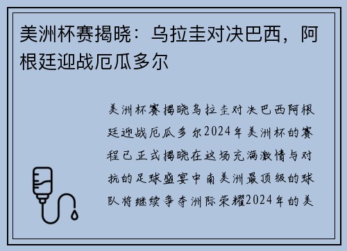 美洲杯赛揭晓：乌拉圭对决巴西，阿根廷迎战厄瓜多尔