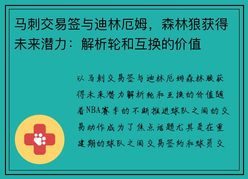 马刺交易签与迪林厄姆，森林狼获得未来潜力：解析轮和互换的价值