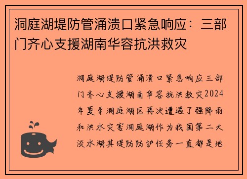洞庭湖堤防管涌溃口紧急响应：三部门齐心支援湖南华容抗洪救灾
