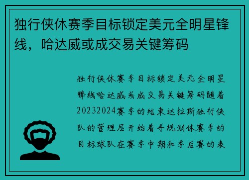 独行侠休赛季目标锁定美元全明星锋线，哈达威或成交易关键筹码