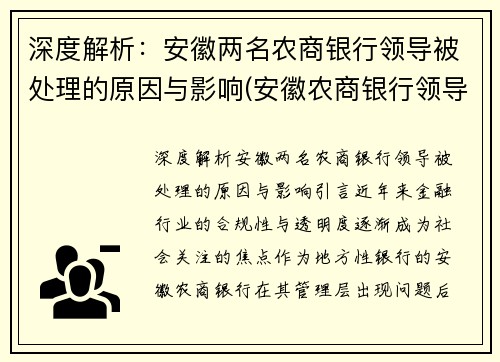 深度解析：安徽两名农商银行领导被处理的原因与影响(安徽农商银行领导班子)