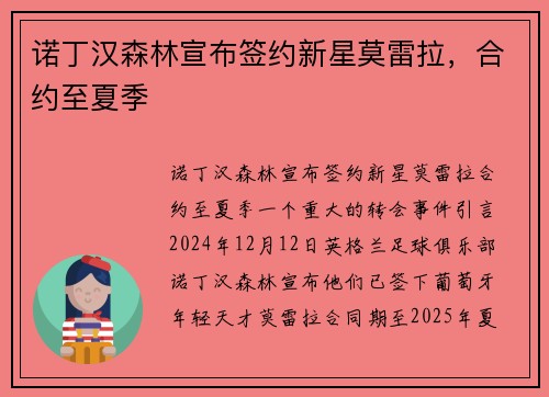 诺丁汉森林宣布签约新星莫雷拉，合约至夏季