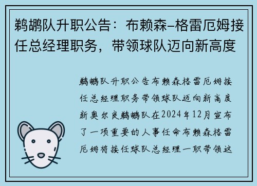 鹈鹕队升职公告：布赖森-格雷厄姆接任总经理职务，带领球队迈向新高度