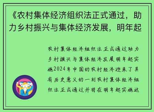 《农村集体经济组织法正式通过，助力乡村振兴与集体经济发展，明年起实施》