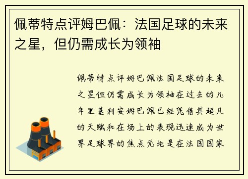 佩蒂特点评姆巴佩：法国足球的未来之星，但仍需成长为领袖