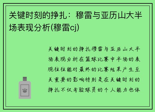 关键时刻的挣扎：穆雷与亚历山大半场表现分析(穆雷cj)