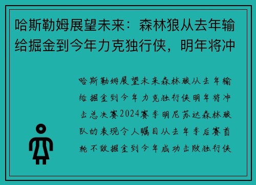 哈斯勒姆展望未来：森林狼从去年输给掘金到今年力克独行侠，明年将冲击总决赛！
