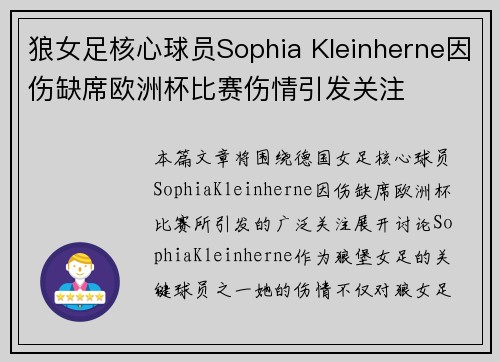 狼女足核心球员Sophia Kleinherne因伤缺席欧洲杯比赛伤情引发关注