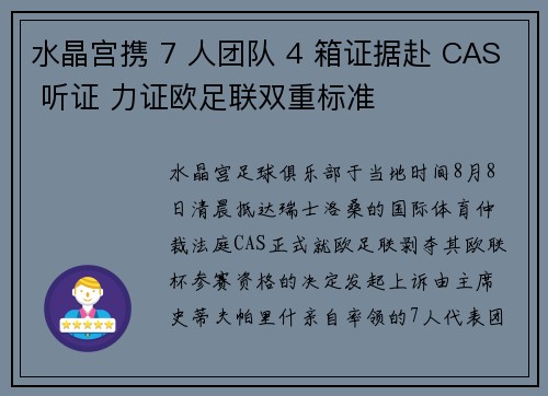 水晶宫携 7 人团队 4 箱证据赴 CAS 听证 力证欧足联双重标准