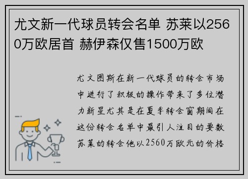 尤文新一代球员转会名单 苏莱以2560万欧居首 赫伊森仅售1500万欧